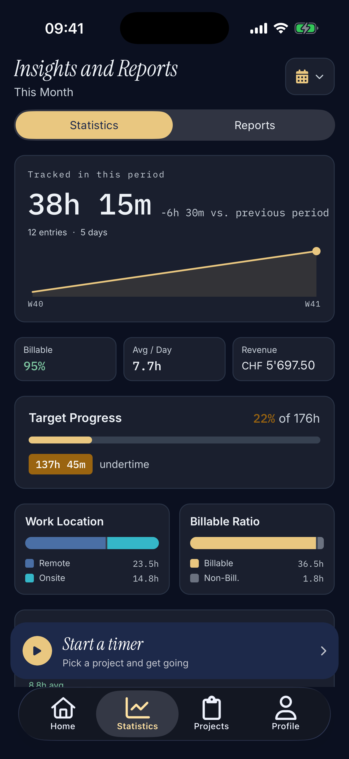 The statistics screen in dark mode