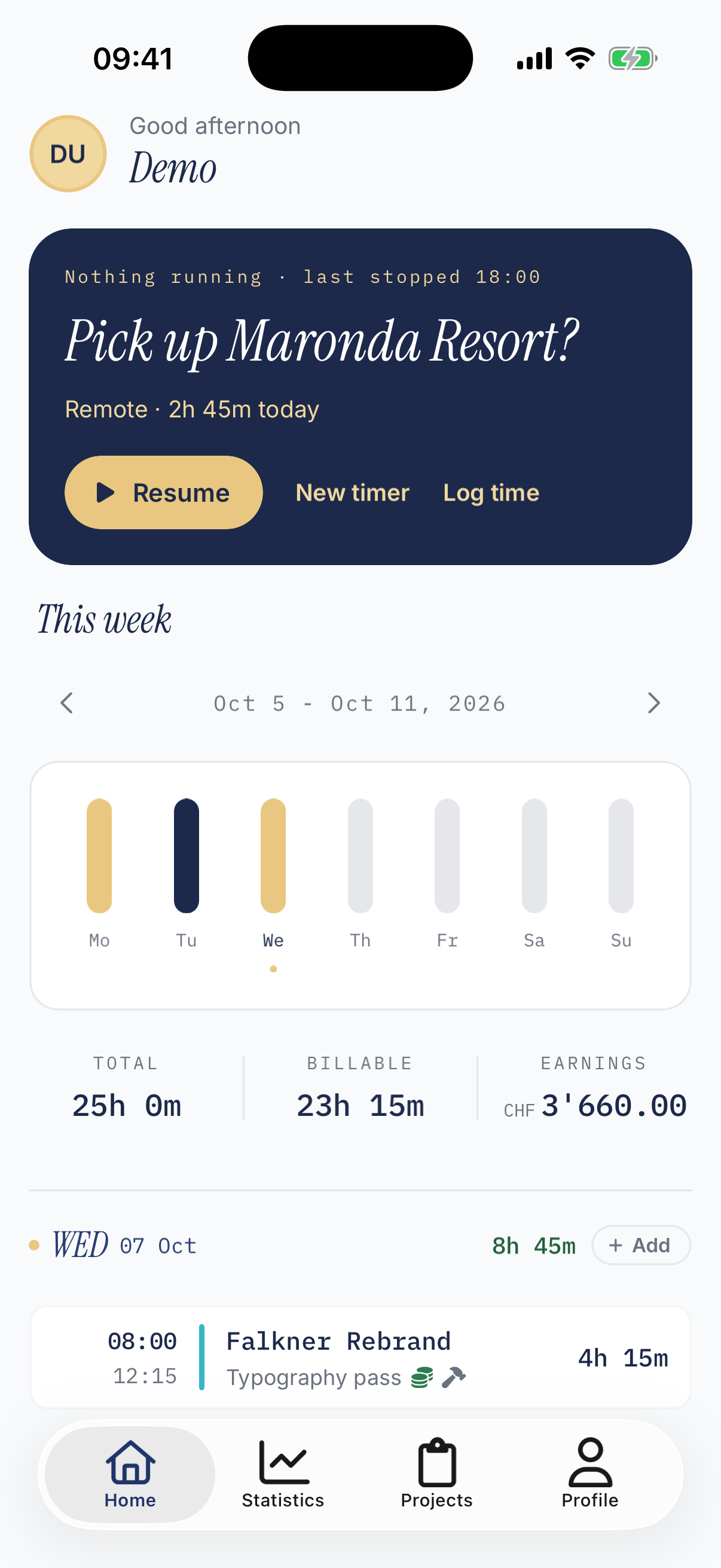The guguus dashboard on iPhone, showing this week's tracked hours, billable hours and earnings