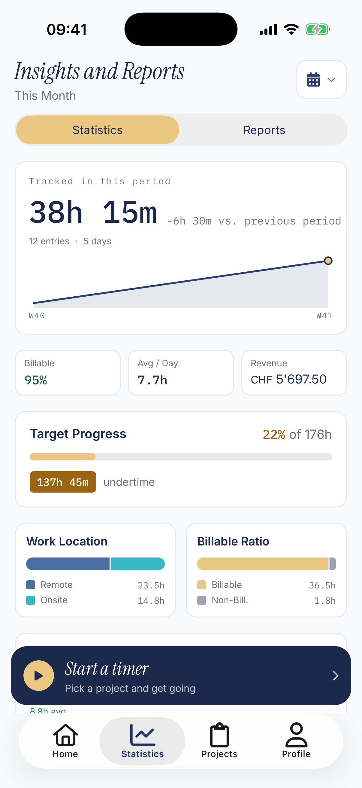 Statistics screen showing hours tracked, billable share, average per day, revenue and target progress