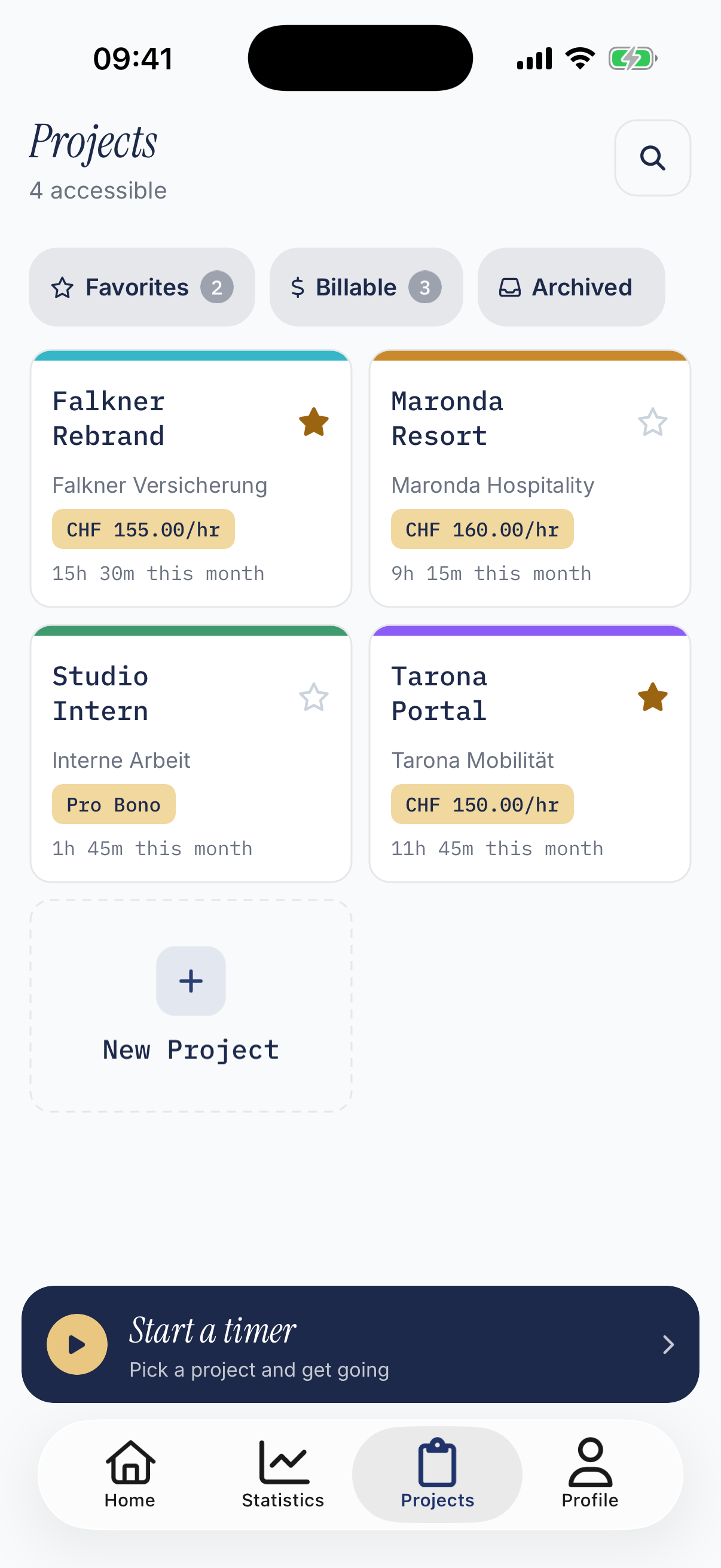 Projects screen with project cards showing client, hourly rate and hours this month