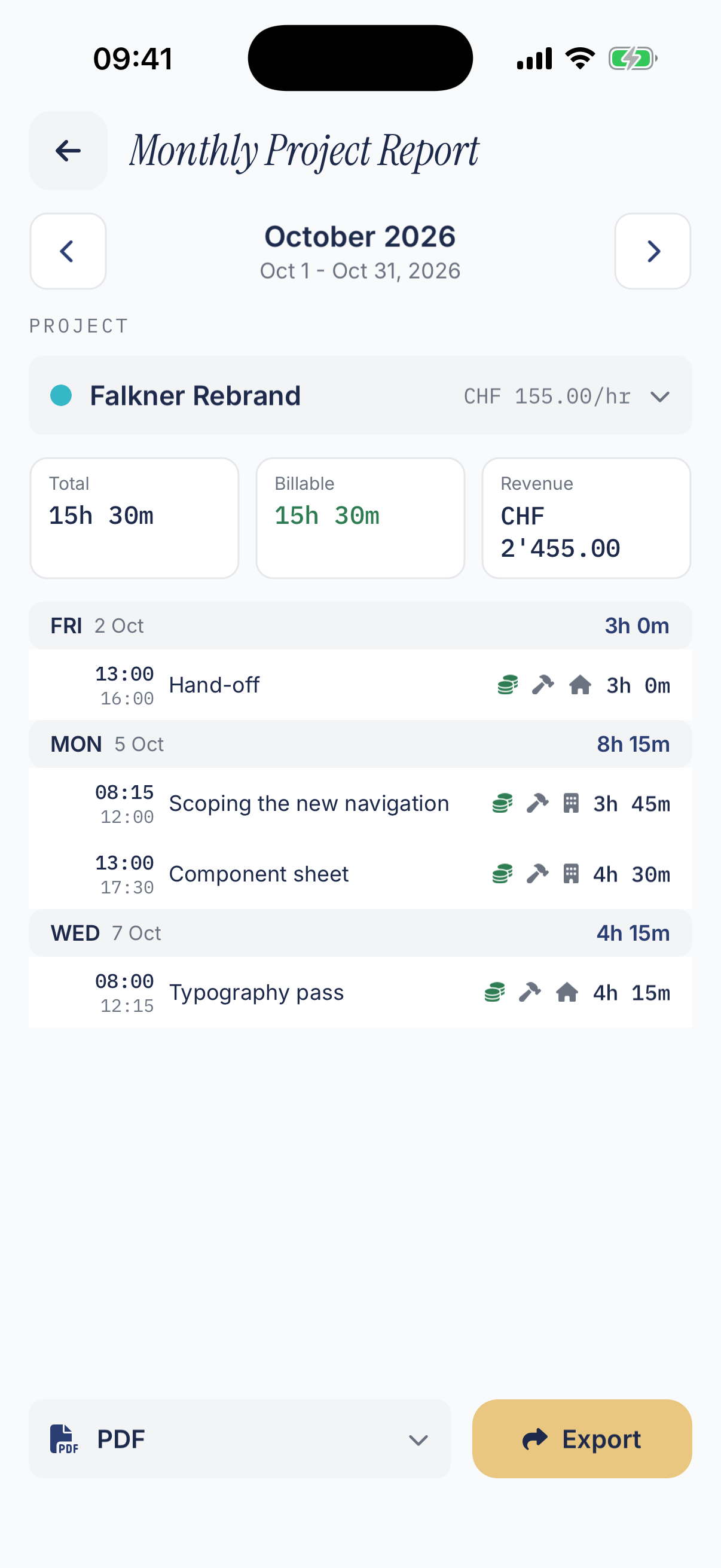 Monthly project report showing the hourly rate, billable hours, revenue and the entries behind them
